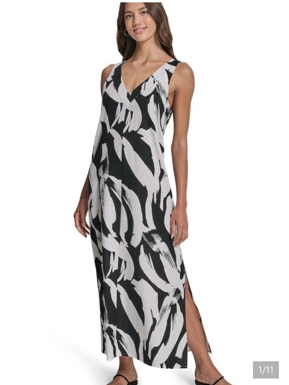 NWT DKNY linen Black & White Abstract V-Neck Maxi Dress size XS